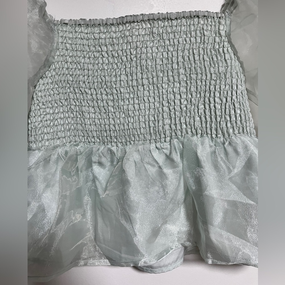 Japna Mint Green Puff Sleeve Smocked Peplum Top - Size M - Picture 8 of 10